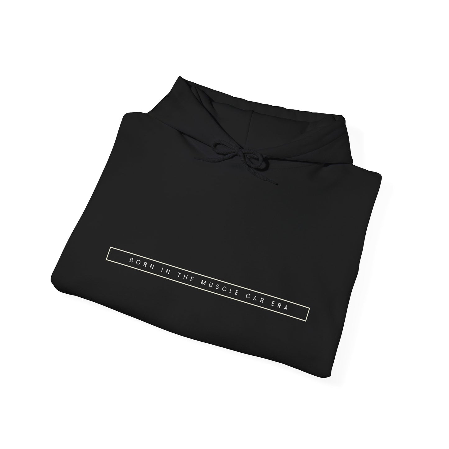 Born in the Muscle Car Era black hoodie with adjustable drawstring hood, featuring vintage text design.