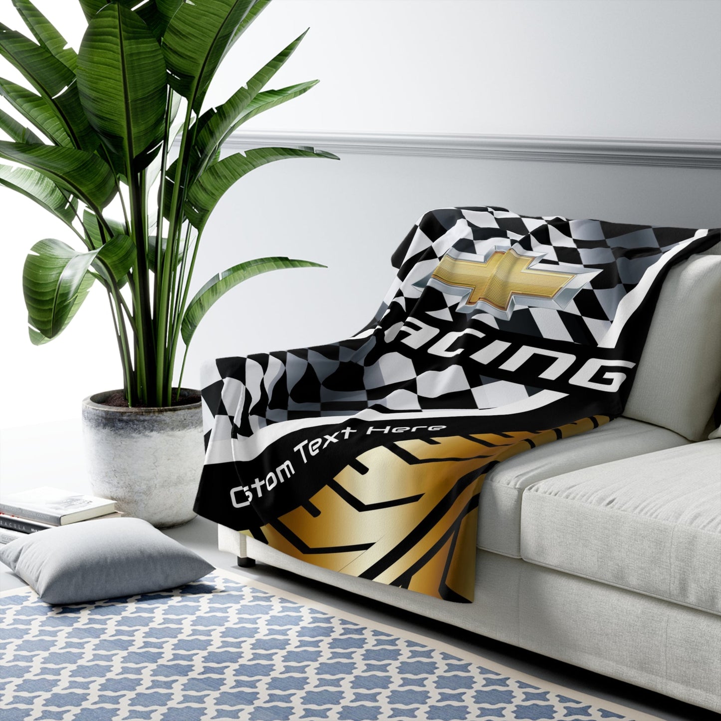 Personalized GM Racing Checkered Flag Gold Decorative Sherpa Blanket - FREE SHIPPING