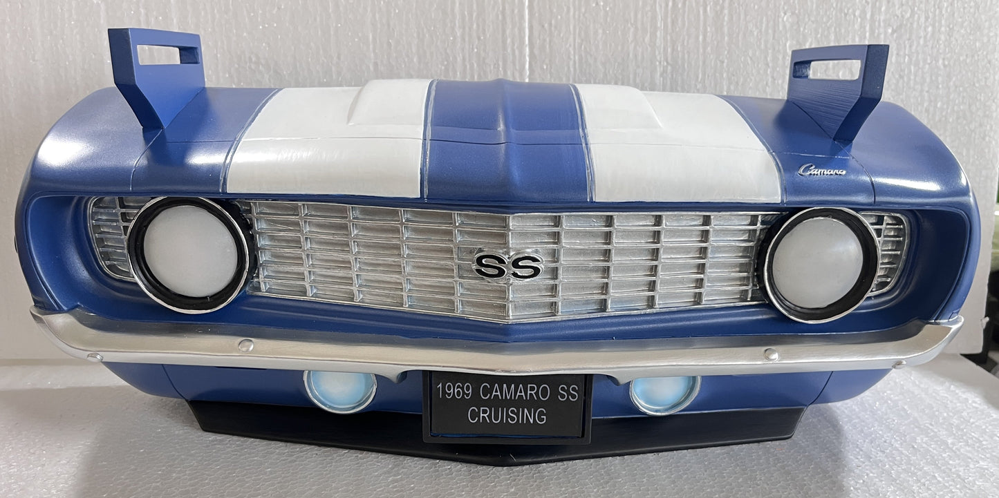 1969 Chevrolet Camaro SS floating wall shelf in Lemans blue with white stripes, features LED headlights, tempered glass display area, decorative accessory.