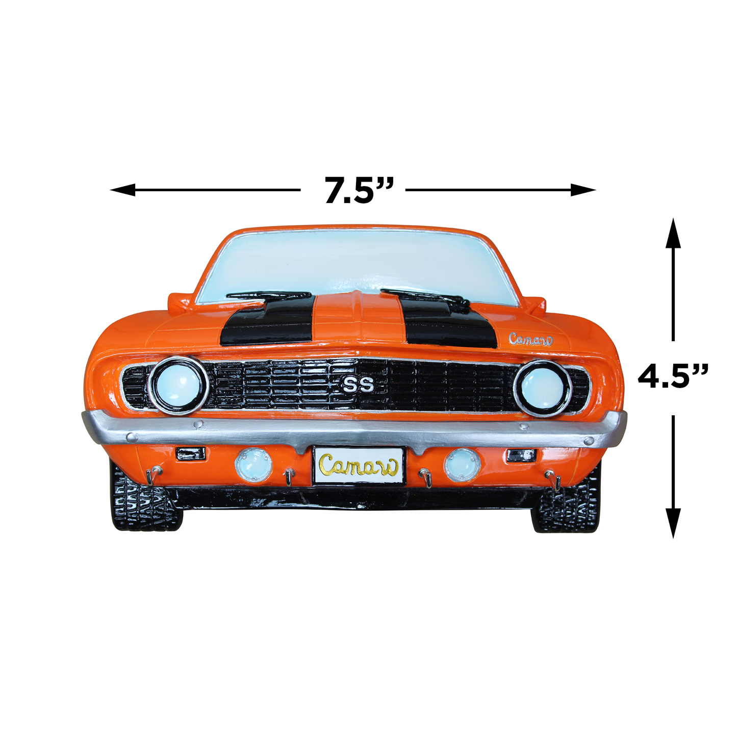 1969 Chevrolet Camaro front view resin wall-mounted key rack in orange, featuring four hooks, measures 19 x 3.8 x 11.5 cm.