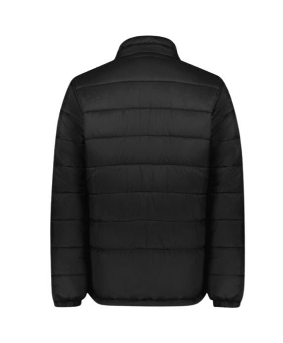Black puffer jacket from Robbie Farr Motorsport, view of back with horizontal stitching and collar.