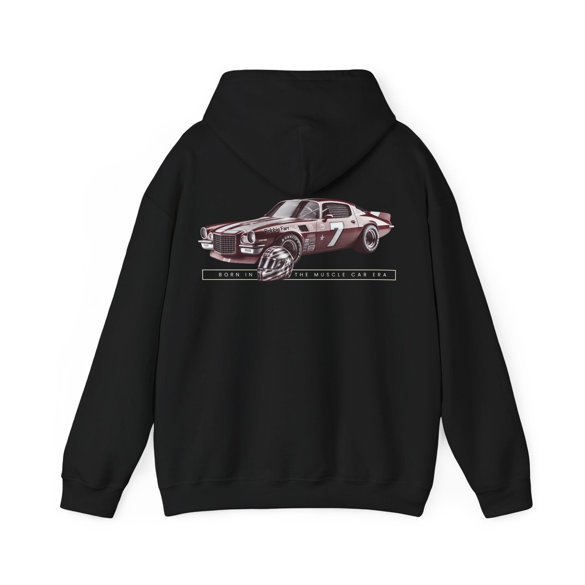 Black hoodie featuring vintage muscle car design with text "Born in the Muscle Car Era" and Robbie Farr.