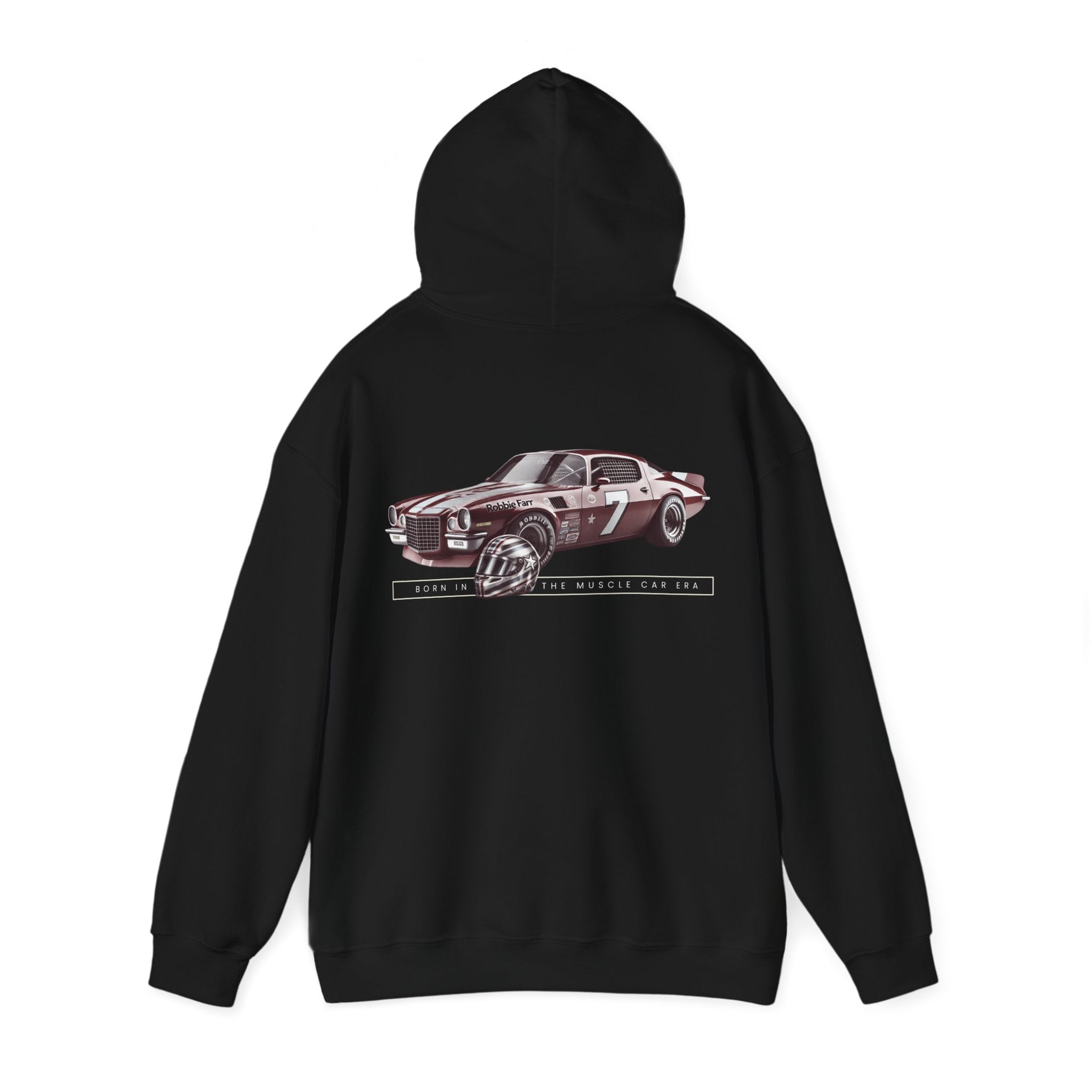 Hoodie featuring a vintage 1973 Camaro graphic with "Born in the Muscle Car Era" printed on a black background.