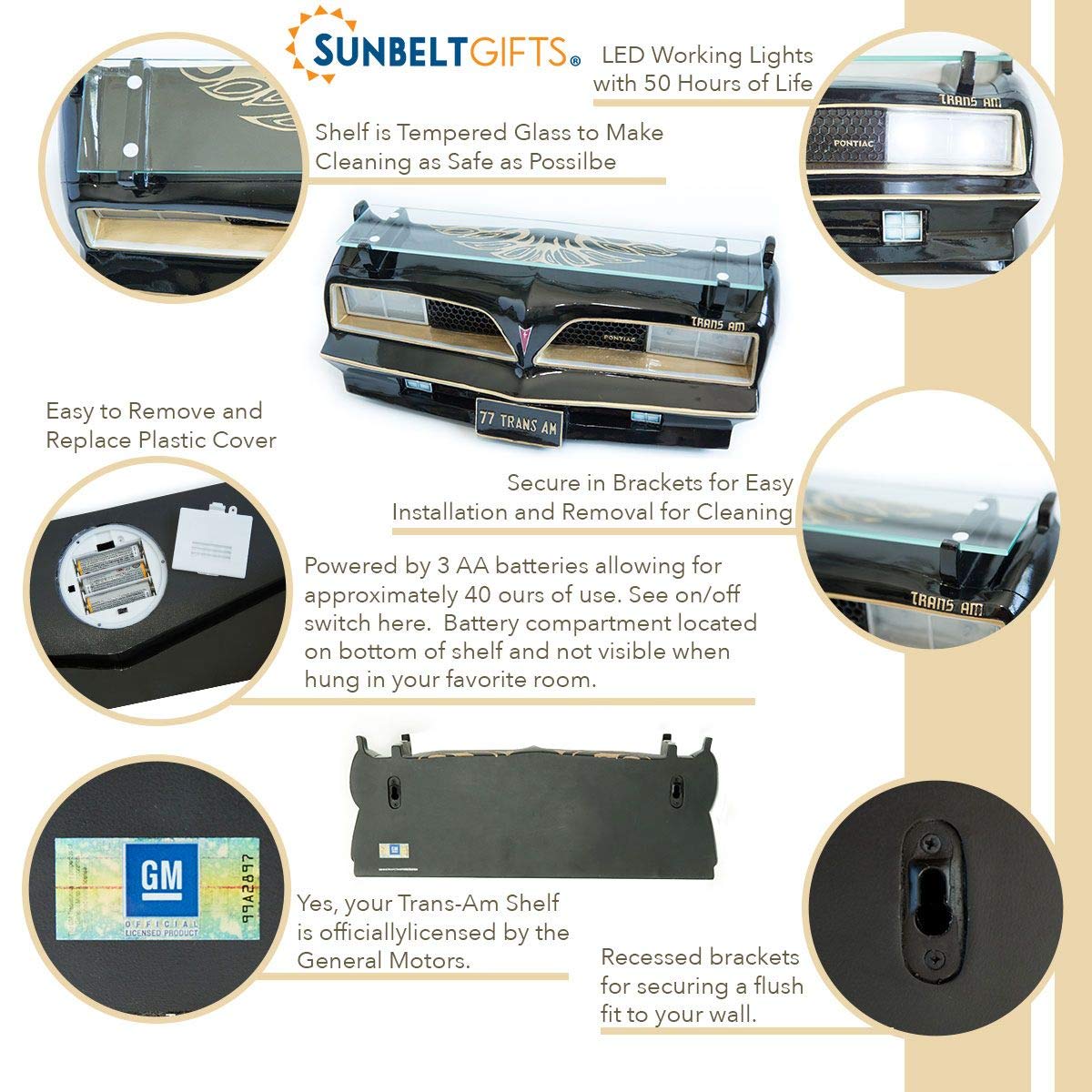 Sunbeltgifts 1977 SE Pontiac Trans AM Wall Floating Shelf, Black and Golds, 19x7.1x7.2 inches, Tempered Glass, Battery Powered LED Headlights, Car Enthusiast Gift, Classic Car Decor, Pontiac Collector