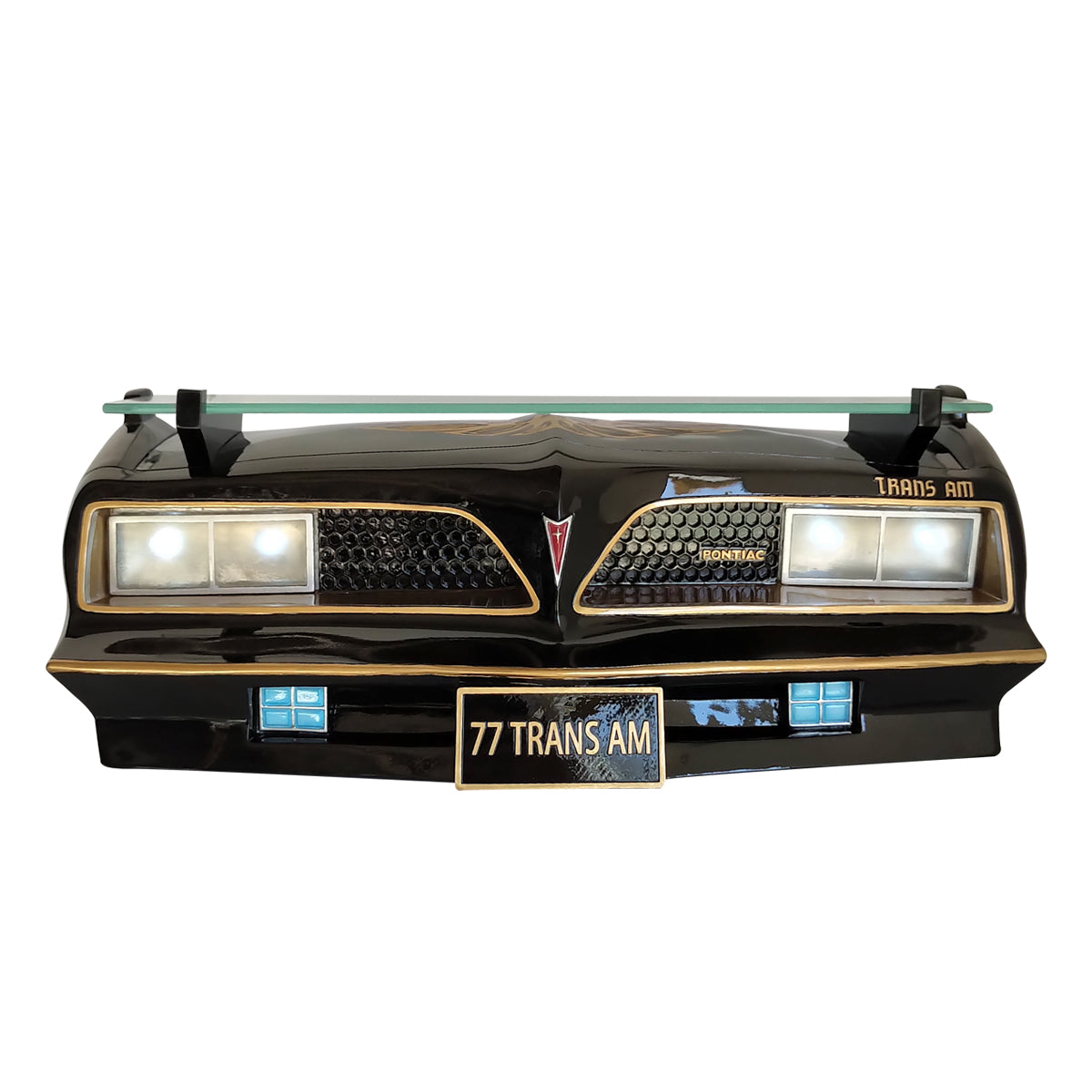 Sunbeltgifts 1977 SE Pontiac Trans AM Wall Floating Shelf, Black and Golds, 19x7.1x7.2 inches, Tempered Glass, Battery Powered LED Headlights, Car Enthusiast Gift, Classic Car Decor, Pontiac Collector