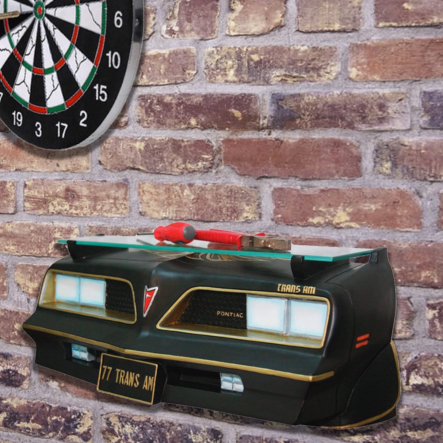 Sunbeltgifts 1977 SE Pontiac Trans AM Wall Floating Shelf, Black and Golds, 19x7.1x7.2 inches, Tempered Glass, Battery Powered LED Headlights, Car Enthusiast Gift, Classic Car Decor, Pontiac Collector