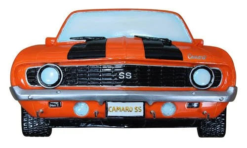 1969 Chevrolet Camaro Front End wall-mounted resin key rack with four hooks, orange with black stripes, hand-painted finish.