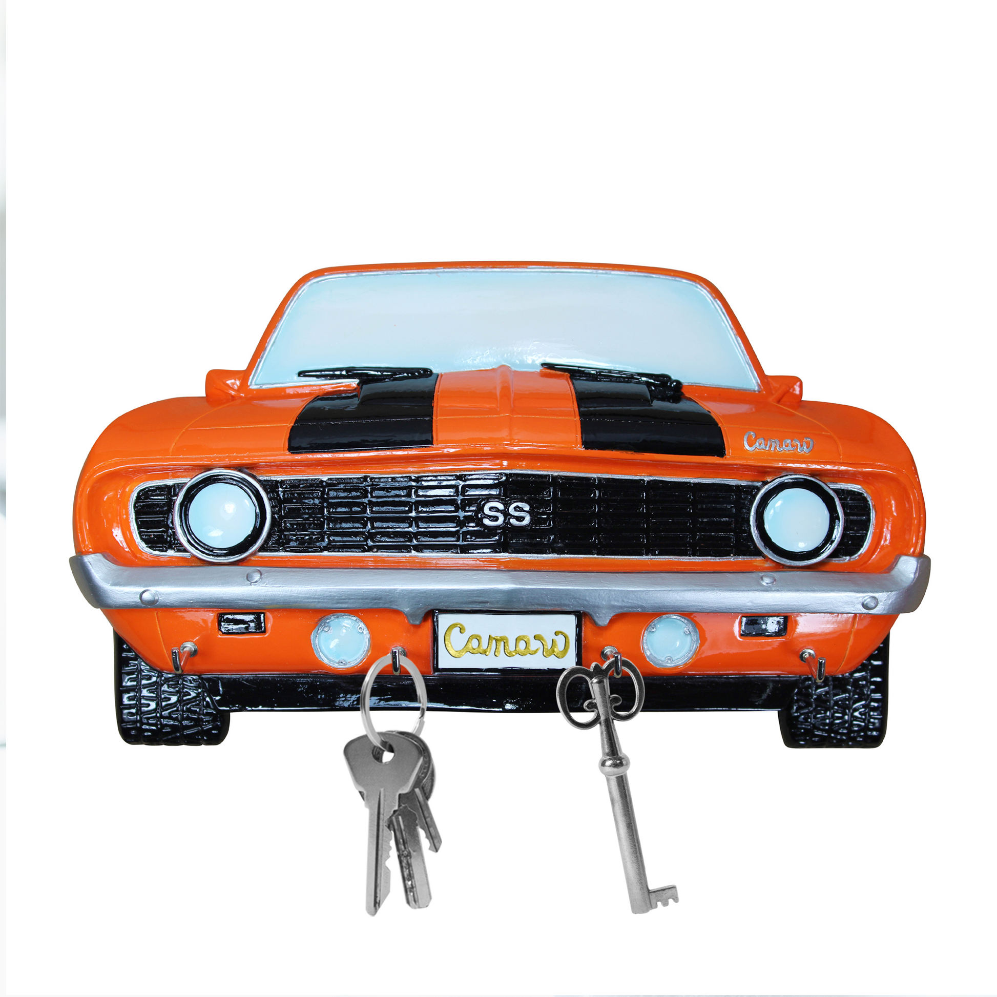 Wall-mounted key rack resembling a 1969 Chevrolet Camaro, orange with black stripes, featuring four hooks for keys.