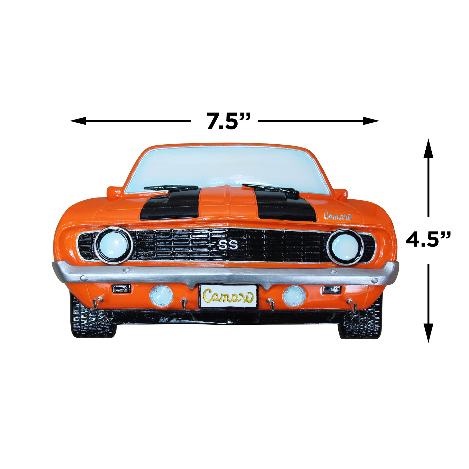 1969 Chevrolet Camaro front view resin wall-mounted key rack in orange, featuring four hooks, measures 19 x 3.8 x 11.5 cm.