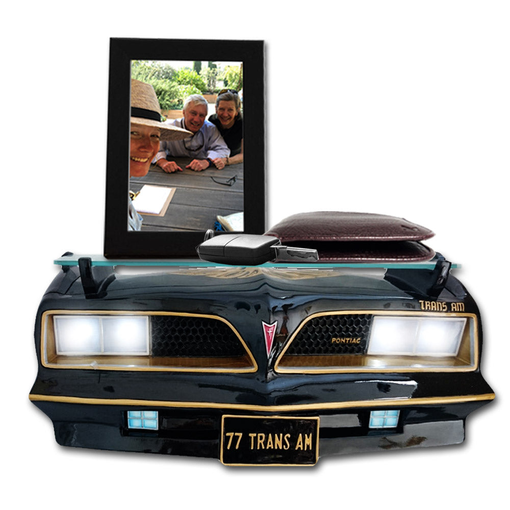 Sunbeltgifts 1977 SE Pontiac Trans AM Wall Floating Shelf, Black and Golds, 19x7.1x7.2 inches, Tempered Glass, Battery Powered LED Headlights, Car Enthusiast Gift, Classic Car Decor, Pontiac Collector