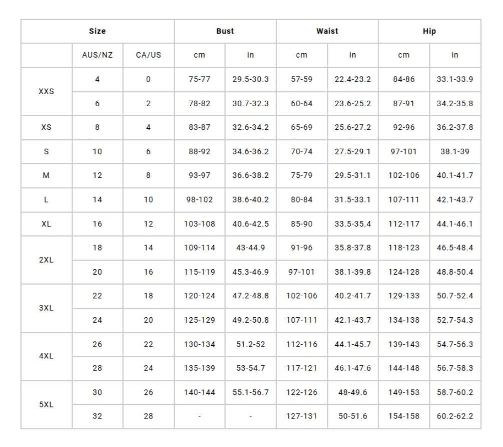 Size chart for women's clothing by Robbie Farr Motorsport, displaying bust, waist, and hip measurements in cm and inches for sizes XXS to 5XL.